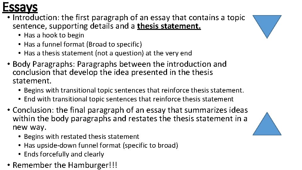 Essays • Introduction: the first paragraph of an essay that contains a topic sentence,