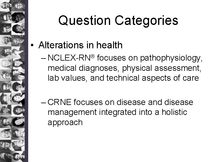  Question Categories • Alterations in health – NCLEX-RN® focuses on pathophysiology, medical diagnoses,