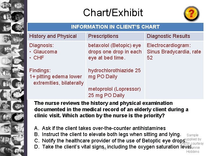 Chart/Exhibit INFORMATION IN CLIENT’S CHART History and Physical Prescriptions Diagnostic Results Diagnosis: • Glaucoma