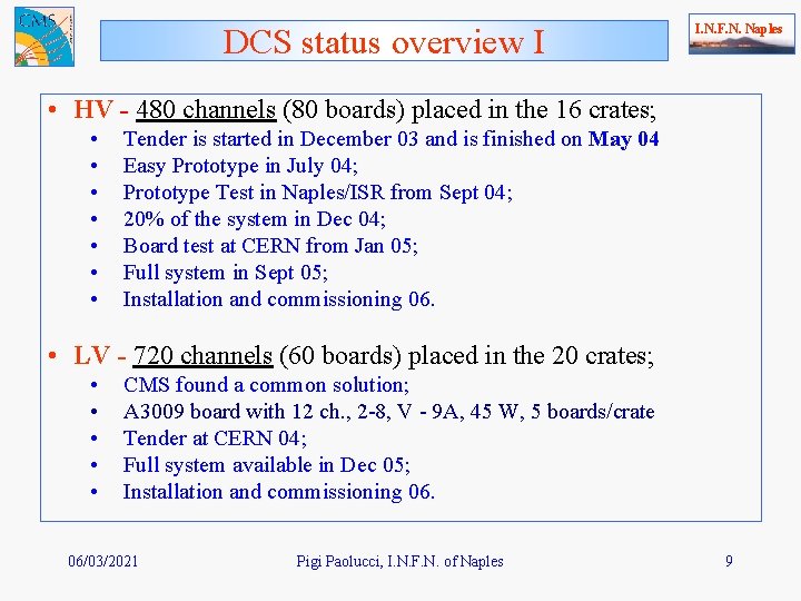 DCS status overview I I. N. F. N. Naples • HV - 480 channels