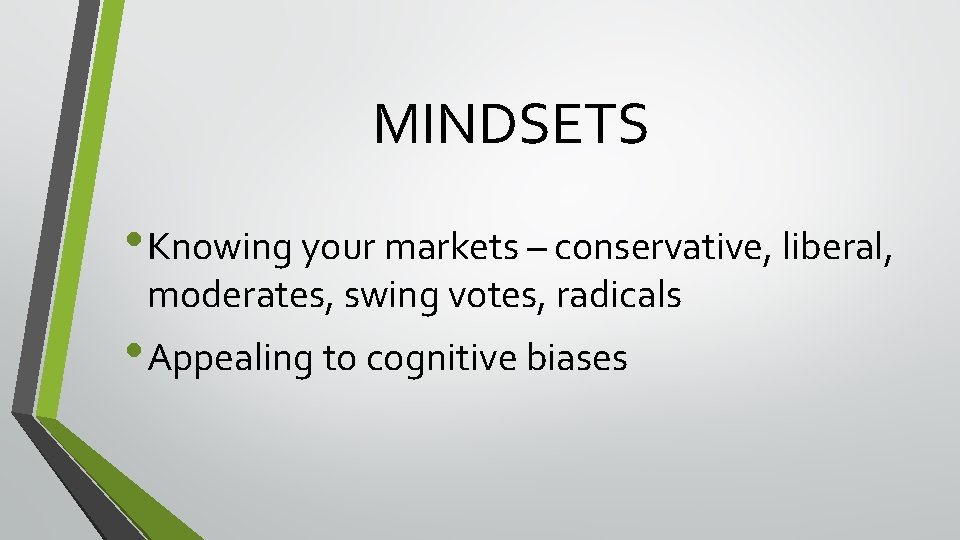 MINDSETS • Knowing your markets – conservative, liberal, moderates, swing votes, radicals • Appealing MINDSETS • Knowing your markets – conservative, liberal, moderates, swing votes, radicals • Appealing