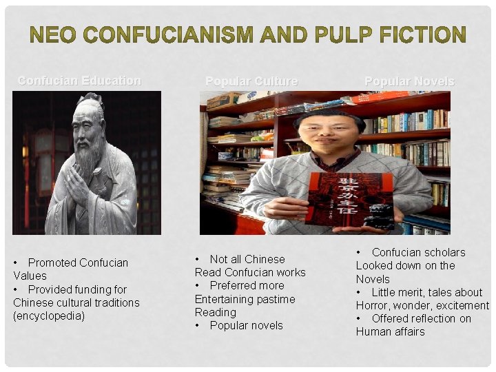 Confucian Education Popular Culture • Promoted Confucian Values • Provided funding for Chinese cultural