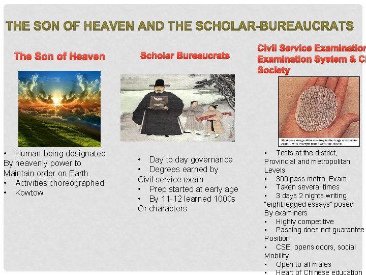 The Son of Heaven • Human being designated By heavenly power to Maintain order