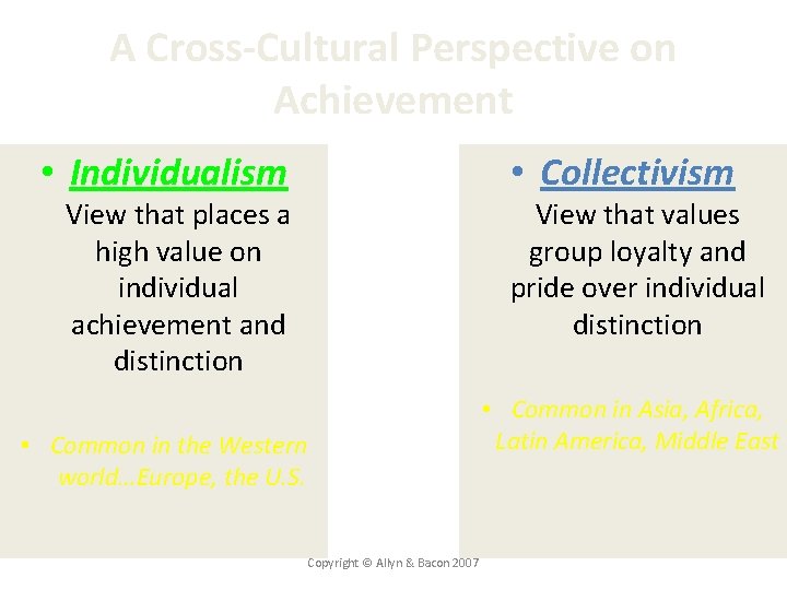 A Cross-Cultural Perspective on Achievement • Individualism • Collectivism View that places a high