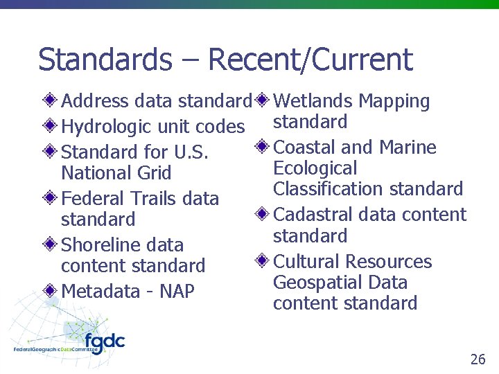 Standards – Recent/Current Address data standard Hydrologic unit codes Standard for U. S. National