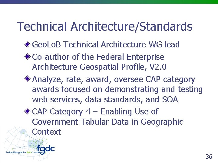Technical Architecture/Standards Geo. Lo. B Technical Architecture WG lead Co-author of the Federal Enterprise