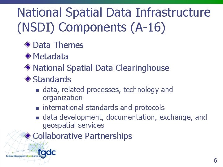 National Spatial Data Infrastructure (NSDI) Components (A-16) Data Themes Metadata National Spatial Data Clearinghouse