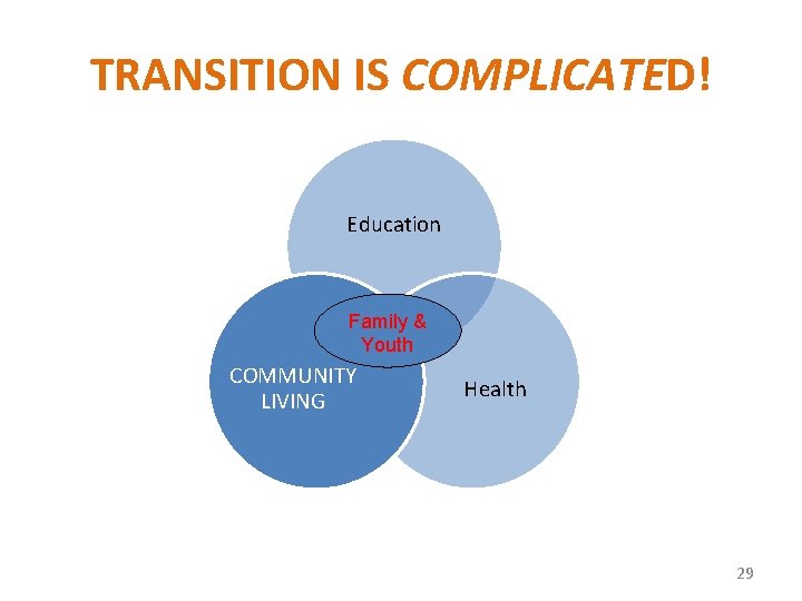 TRANSITION IS COMPLICATED! Education Family & Youth COMMUNITY LIVING Health 29 