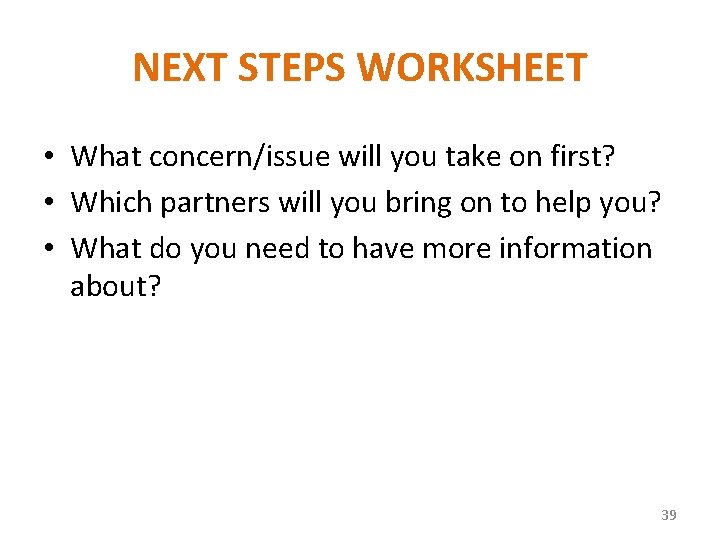 NEXT STEPS WORKSHEET • What concern/issue will you take on first? • Which partners