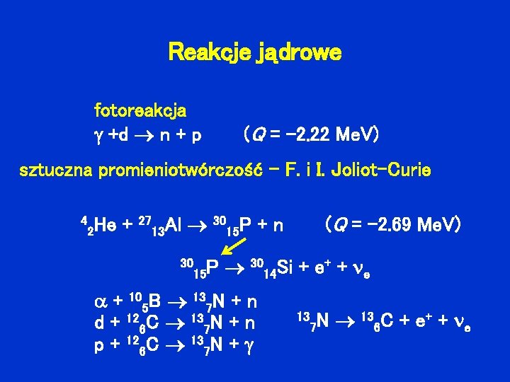 Reakcje jądrowe fotoreakcja +d n + p (Q = -2. 22 Me. V) sztuczna