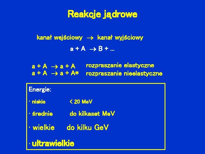 Reakcje jądrowe kanał wejściowy kanał wyjściowy a + A B +. . . a+A