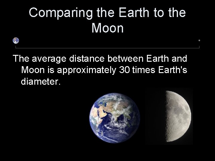 Comparing the Earth to the Moon The average distance between Earth and Moon is