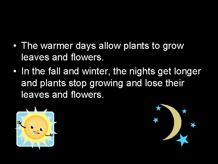  • The warmer days allow plants to grow leaves and flowers. • In