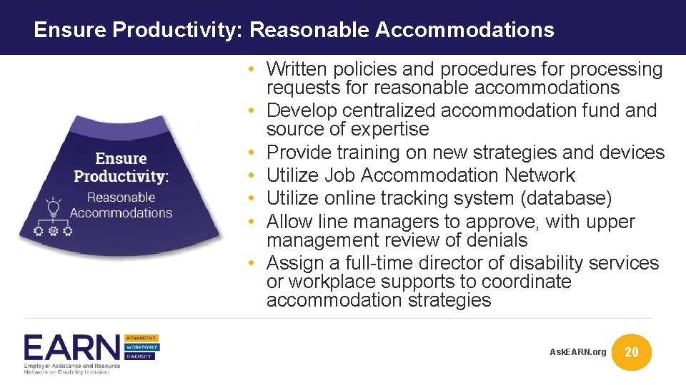 Ensure Productivity: Reasonable Accommodations • Written policies and procedures for processing requests for reasonable