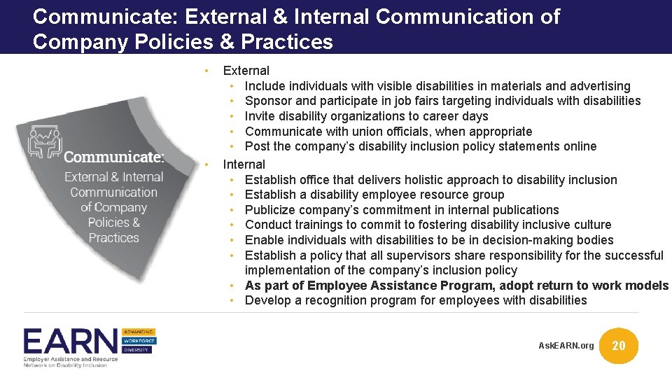Communicate: External & Internal Communication of Company Policies & Practices • • External • Communicate: External & Internal Communication of Company Policies & Practices • • External •