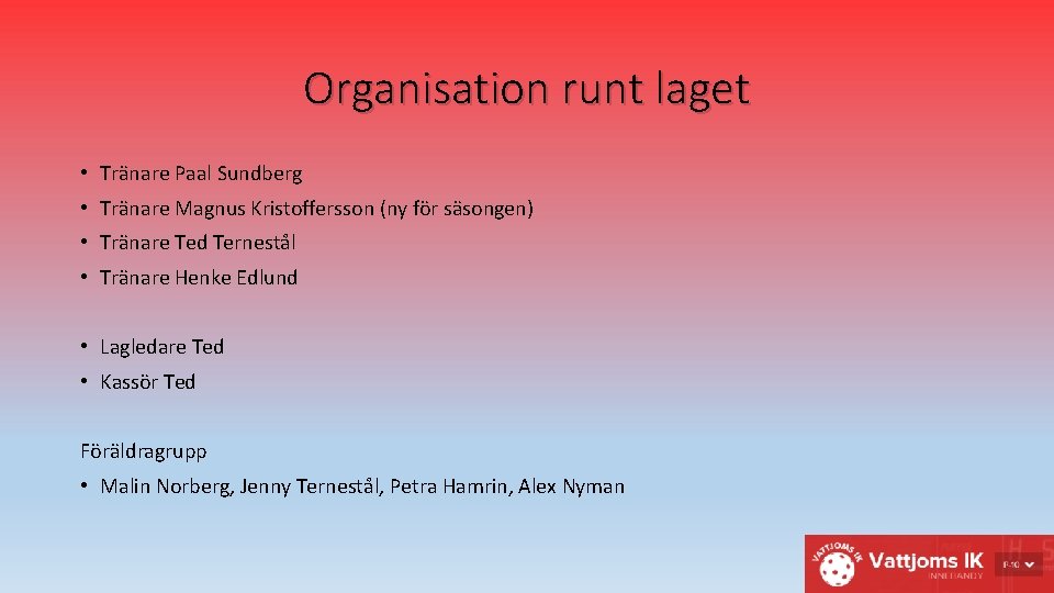 Organisation runt laget • Tränare Paal Sundberg • Tränare Magnus Kristoffersson (ny för säsongen)
