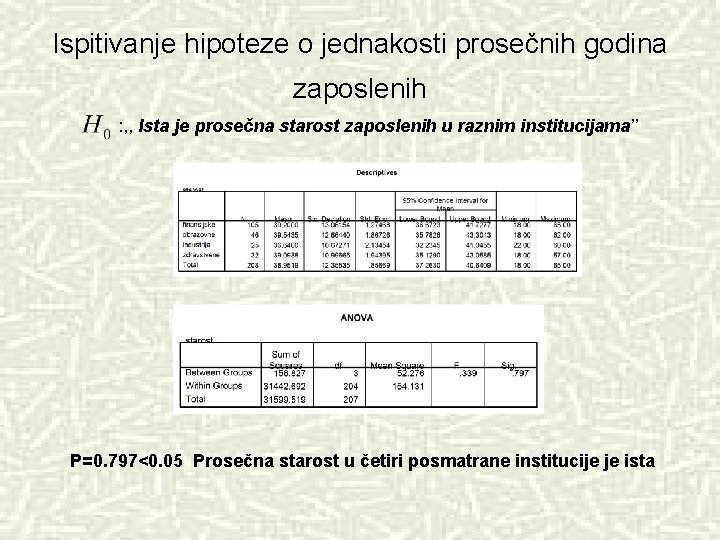 Ispitivanje hipoteze o jednakosti prosečnih godina zaposlenih : , , Ista je prosečna starost