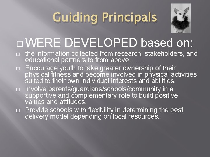 Guiding Principals � WERE � � DEVELOPED based on: the information collected from research,