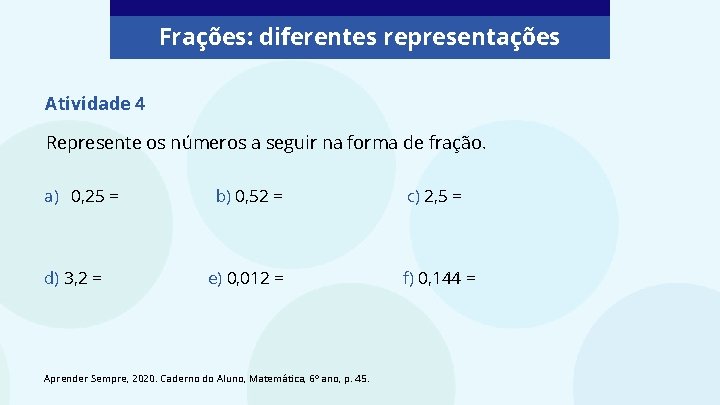 Frações: diferentes representações Atividade 4 Represente os números a seguir na forma de fração.