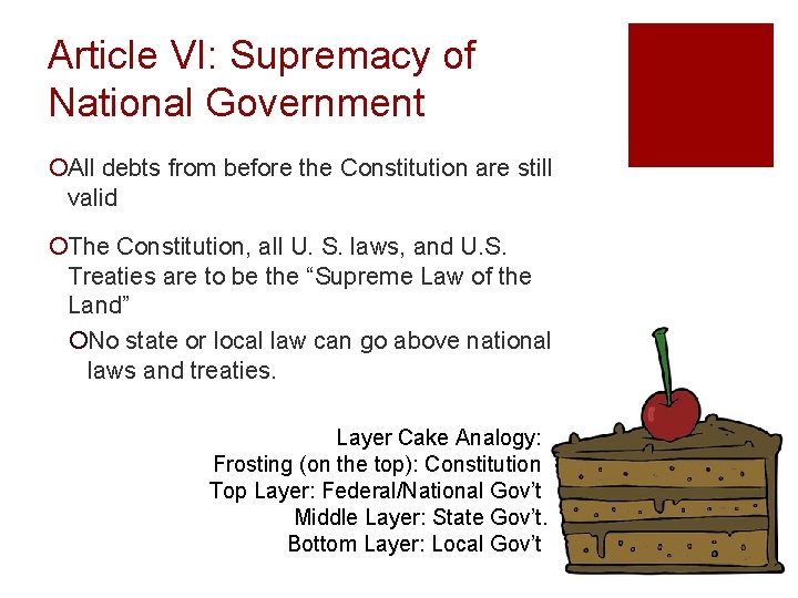 Article VI: Supremacy of National Government ¡All debts from before the Constitution are still