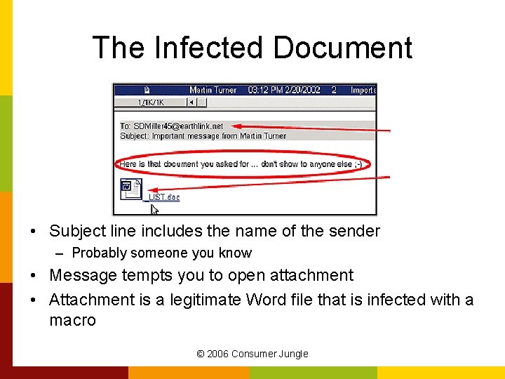The Infected Document • Subject line includes the name of the sender – Probably
