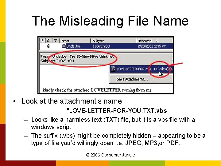 The Misleading File Name • Look at the attachment's name "LOVE-LETTER-FOR-YOU. TXT. vbs –