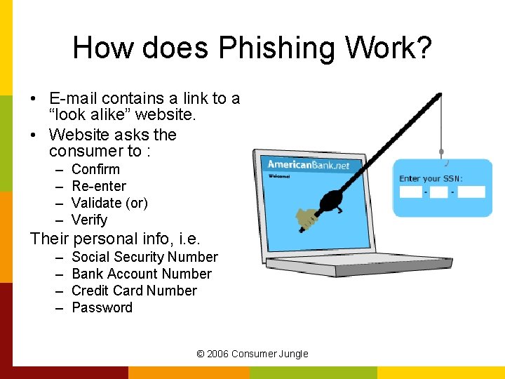 How does Phishing Work? • E-mail contains a link to a “look alike” website.