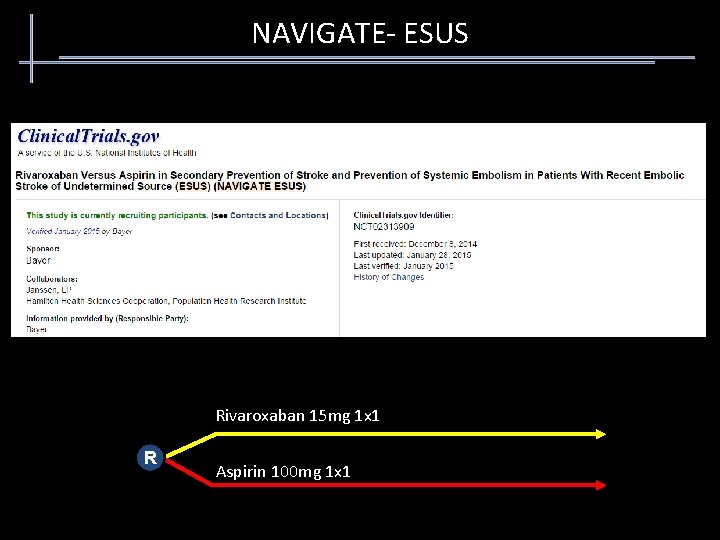 NAVIGATE- ESUS Rivaroxaban 15 mg 1 x 1 R Aspirin 100 mg 1 x