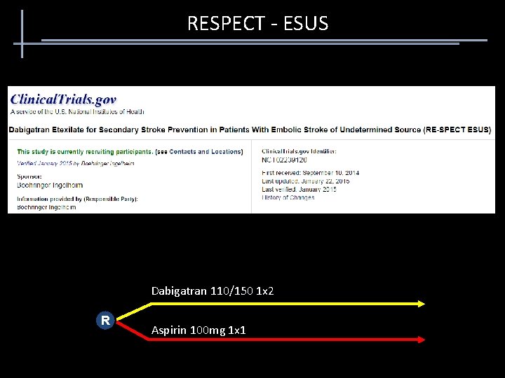  RESPECT - ESUS Dabigatran 110/150 1 x 2 R Aspirin 100 mg 1