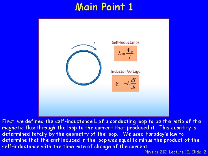 Main Point 1 First, we defined the self-inductance L of a conducting loop to