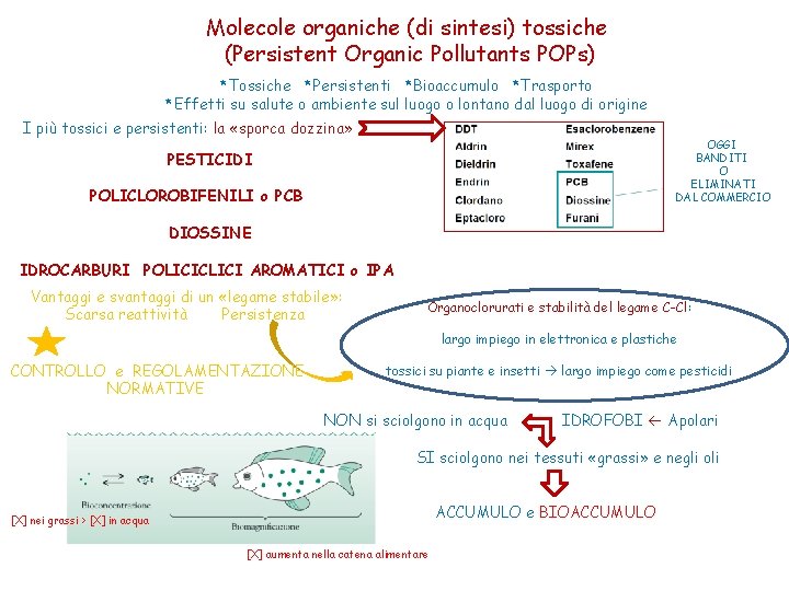 Molecole organiche (di sintesi) tossiche (Persistent Organic Pollutants POPs) *Tossiche *Persistenti *Bioaccumulo *Trasporto *Effetti