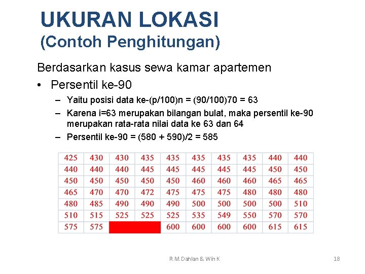 UKURAN LOKASI (Contoh Penghitungan) Berdasarkan kasus sewa kamar apartemen • Persentil ke-90 – Yaitu