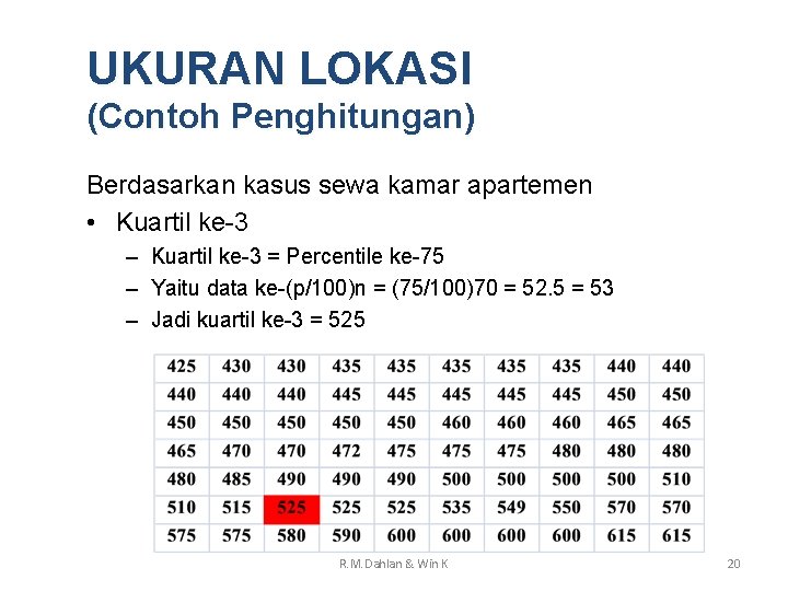 UKURAN LOKASI (Contoh Penghitungan) Berdasarkan kasus sewa kamar apartemen • Kuartil ke-3 – Kuartil