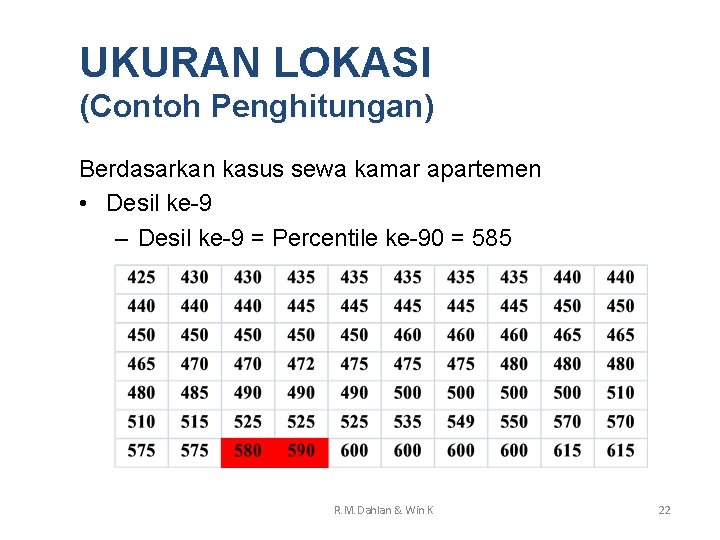 UKURAN LOKASI (Contoh Penghitungan) Berdasarkan kasus sewa kamar apartemen • Desil ke-9 – Desil