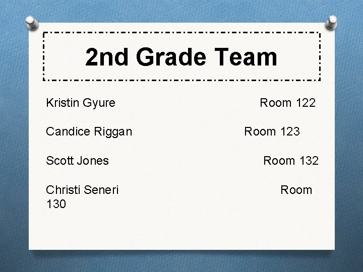 2 nd Grade Team Kristin Gyure Candice Riggan Scott Jones Christi Seneri 130 Room 2 nd Grade Team Kristin Gyure Candice Riggan Scott Jones Christi Seneri 130 Room