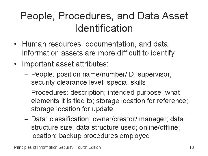 People, Procedures, and Data Asset Identification • Human resources, documentation, and data information assets