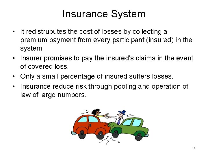 Insurance System • It redistrubutes the cost of losses by collecting a premium payment