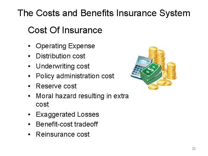 The Costs and Benefits Insurance System Cost Of Insurance • • • Operating Expense
