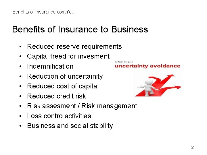 Benefits of Insurance contn’d. . Benefits of Insurance to Business • • • Reduced