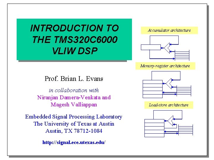 INTRODUCTION TO THE TMS 320 C 6000 VLIW DSP Accumulator architecture Memory-register architecture Prof.