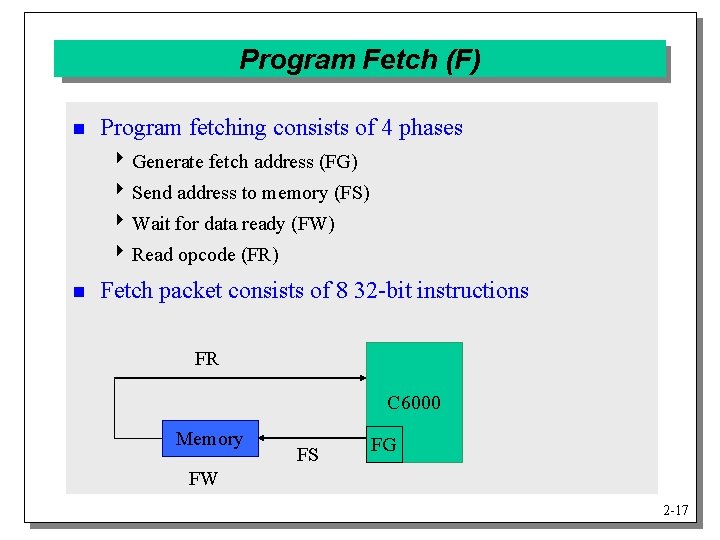 Program Fetch (F) n Program fetching consists of 4 phases 4 Generate fetch address