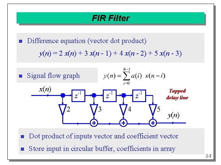 FIR Filter n Difference equation (vector dot product) y(n) = 2 x(n) + 3