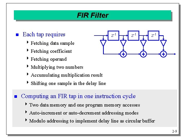 FIR Filter n Each tap requires z-1 z-1 4 Fetching data sample 4 Fetching