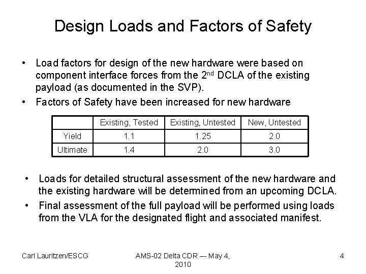 Design Loads and Factors of Safety • Load factors for design of the new