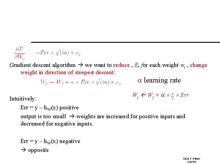 Gradient descent algorithm we want to reduce , E, for each weight wi ,