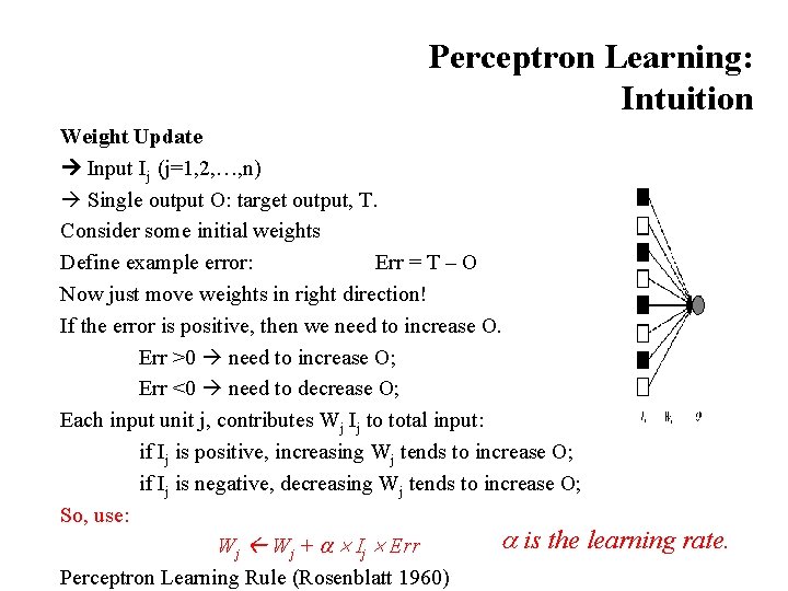 Perceptron Learning: Intuition Weight Update Input Ij (j=1, 2, …, n) Single output O: