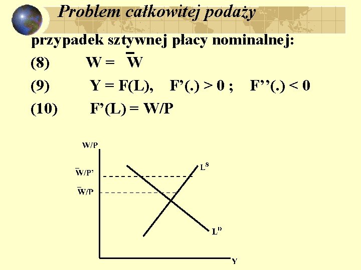 Problem całkowitej podaży przypadek sztywnej płacy nominalnej: (8) W = W (9) Y =