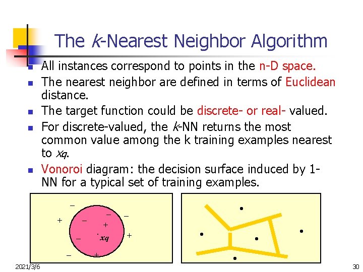 The k-Nearest Neighbor Algorithm n n n All instances correspond to points in the