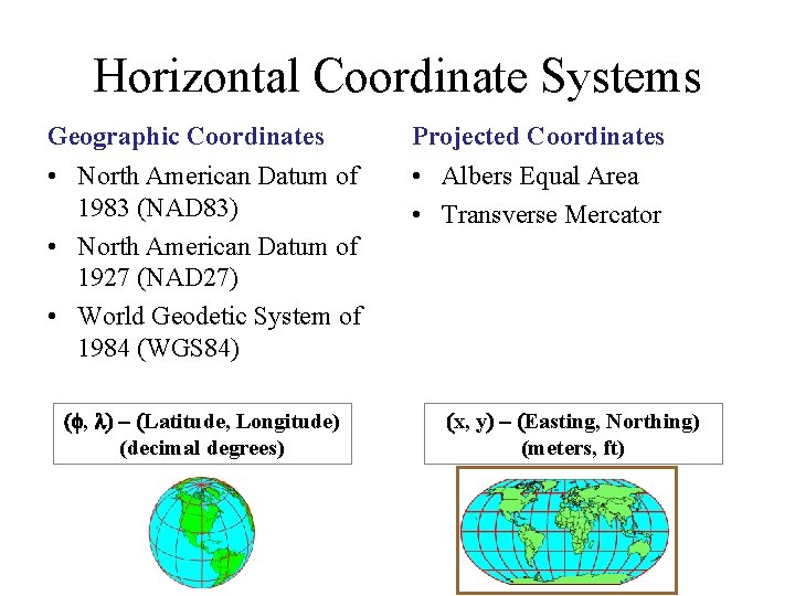 Horizontal Coordinate Systems Geographic Coordinates Projected Coordinates • North American Datum of 1983 (NAD