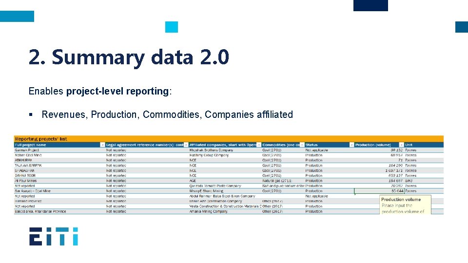 2. Summary data 2. 0 Enables project-level reporting: § Revenues, Production, Commodities, Companies affiliated